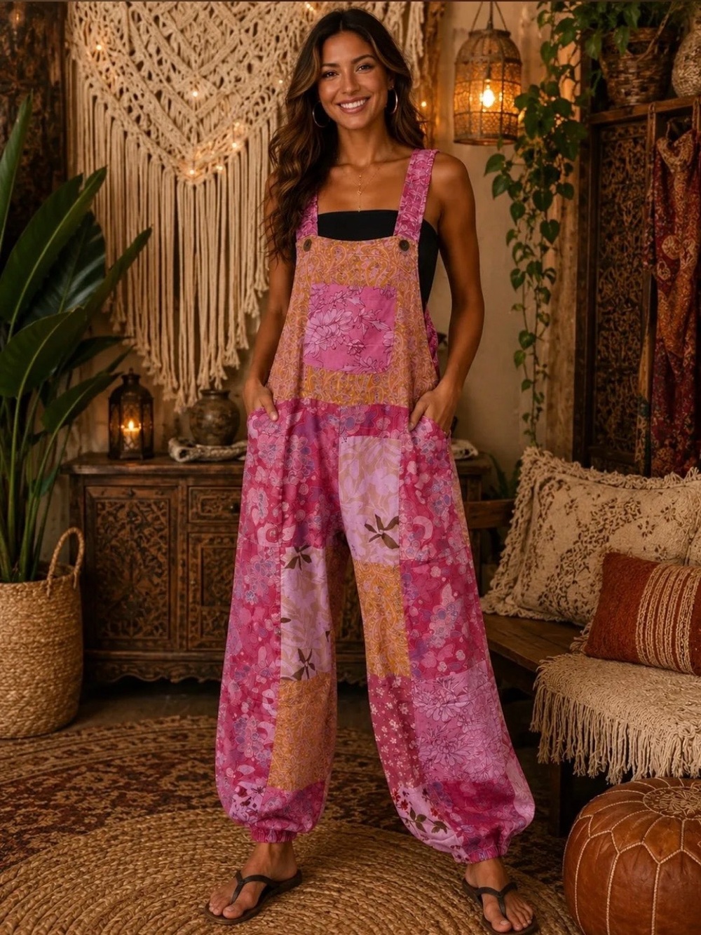 Bohemian Patchwork Pink Jumpsuit Overalls